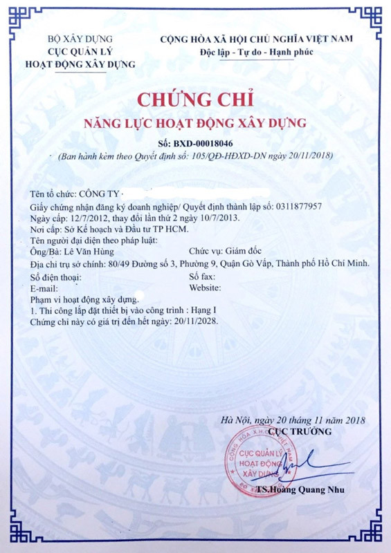 chứng chỉ hoạt động xây dựng